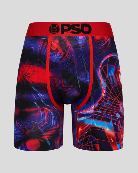 PSD Miles Morales boxer briefs with red waistband and neon red and blue spider-themed graphic print.