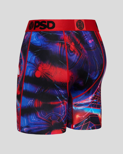 PSD brand boxer briefs with red and blue Miles Morales Spider-Man neon graphic print and red waistband.