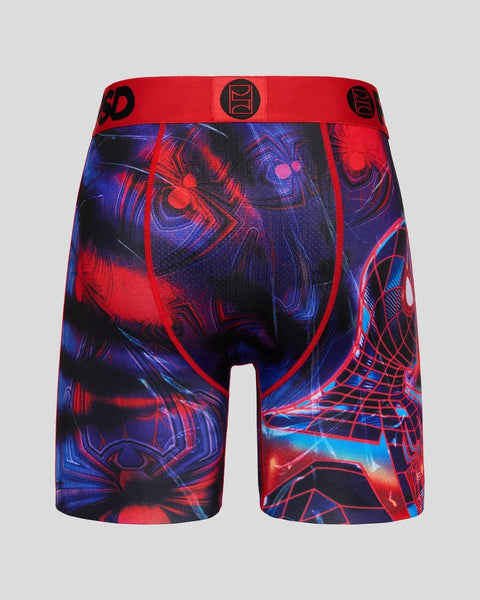 Men's boxer briefs with red and blue Miles Morales Spider-Man graphic print and red waistband.