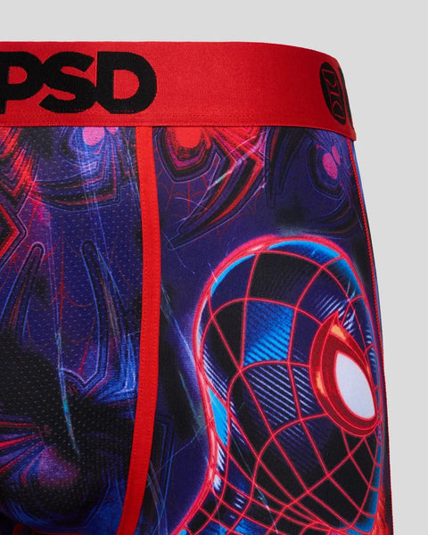 Red waistband with black PSD branding on navy underwear featuring neon red and blue Spider-Man mask design.