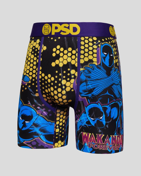 Black Panther boxer briefs with yellow honeycomb pattern, blue character artwork, and 