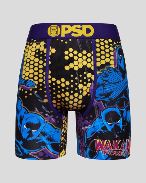 PSD Black Panther boxer briefs with blue mask design, yellow honeycomb pattern, and 