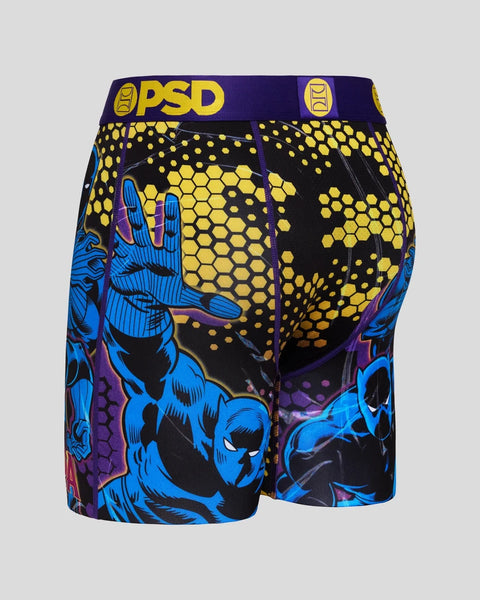 Black Panther character boxer briefs with blue figure design, yellow hexagon pattern, and PSD waistband.