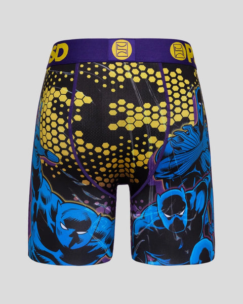 Black Panther boxer briefs with yellow honeycomb pattern and blue mask graphics on black fabric, purple waistband.