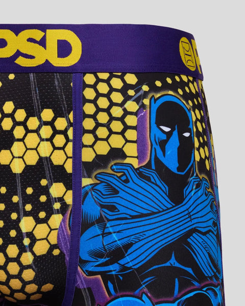 Black Panther character in blue and black with yellow honeycomb pattern on purple waistband.