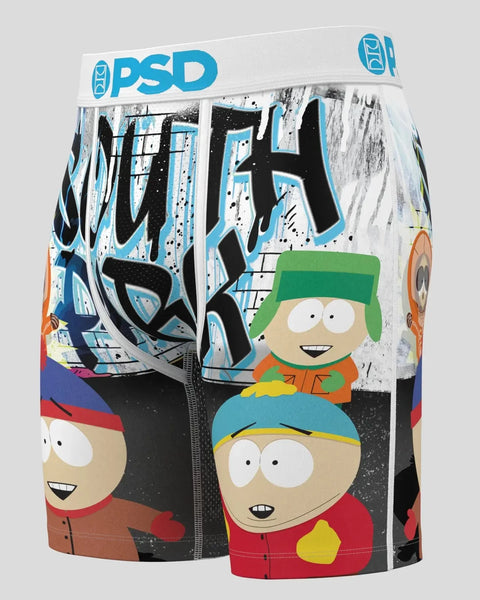PSD boys' underwear featuring South Park characters with blue waistband and graffiti-style graphic design.