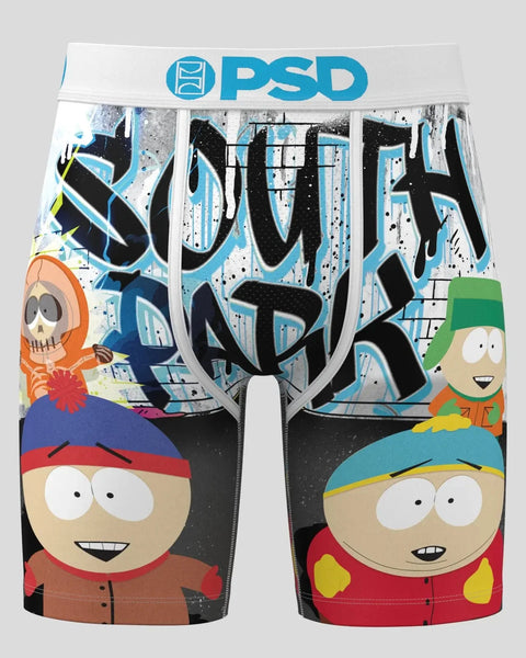 PSD boys' boxer briefs with South Park characters and graffiti-style graphics on white and black background.