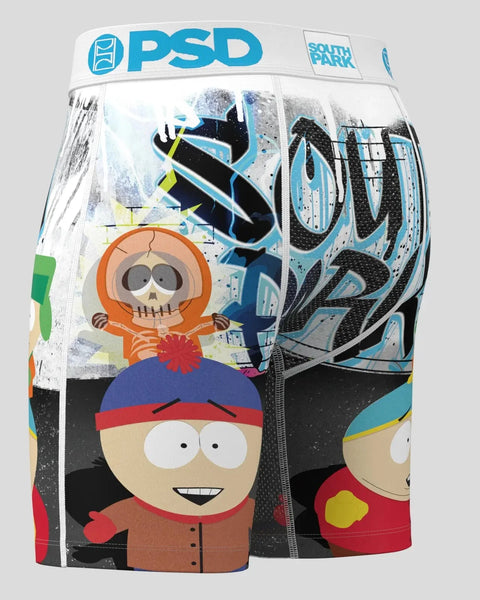 PSD boxer briefs with South Park characters including boys in winter hats and orange hooded figure on white and black backgro