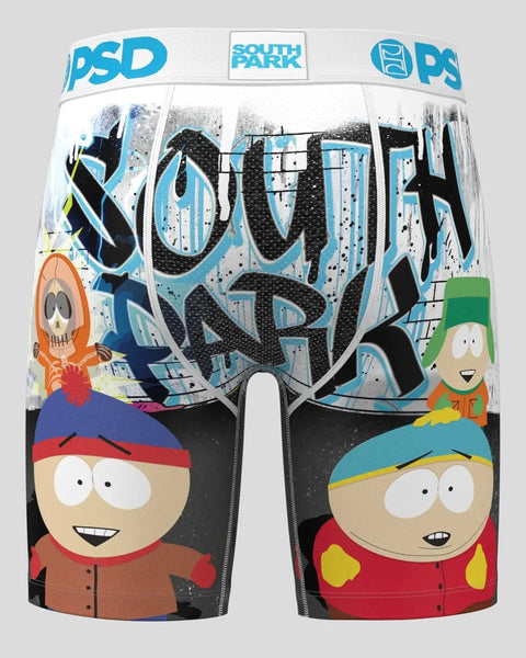 PSD South Park boys underwear with blue waistband and character graphics on white base.
