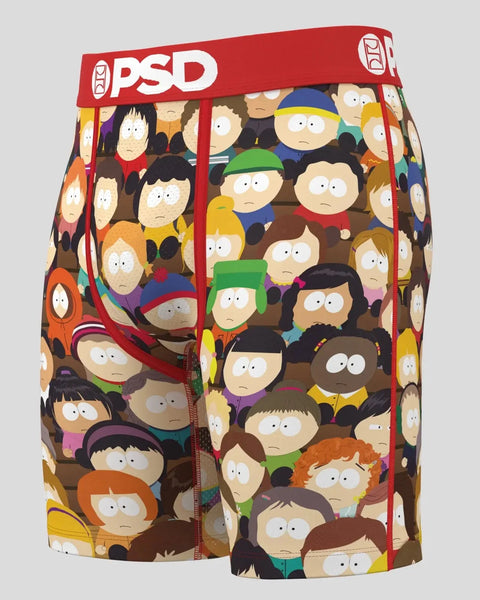 PSD boxer briefs with South Park character print and red waistband featuring PSD logo.