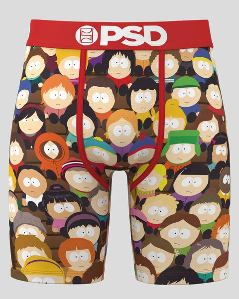 PSD boxer briefs with red waistband featuring colorful South Park character heads all-over print on brown background.