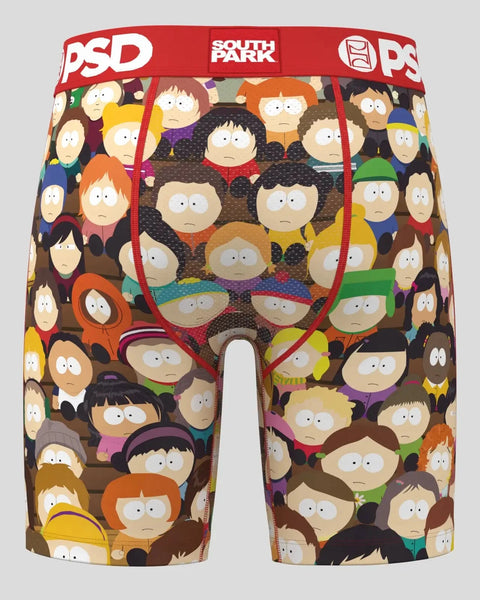PSD South Park boxer briefs with red waistband and multicolored cartoon character faces allover print.