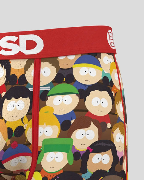 South Park characters printed on red fabric with 