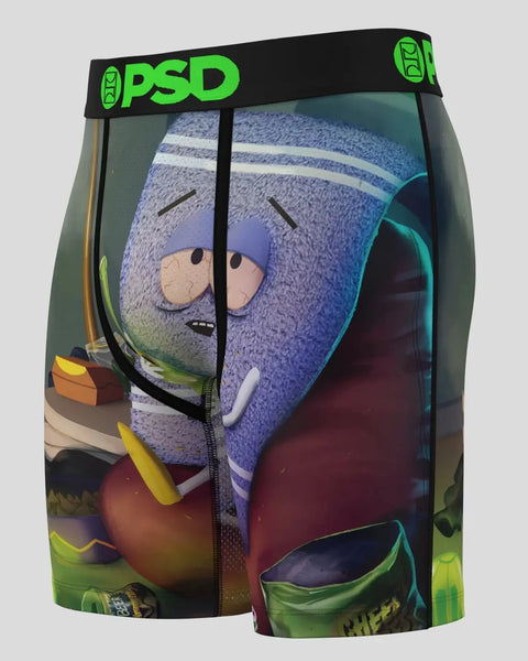 PSD men's boxer briefs featuring South Park character with blue hat and striped design on black waistband.