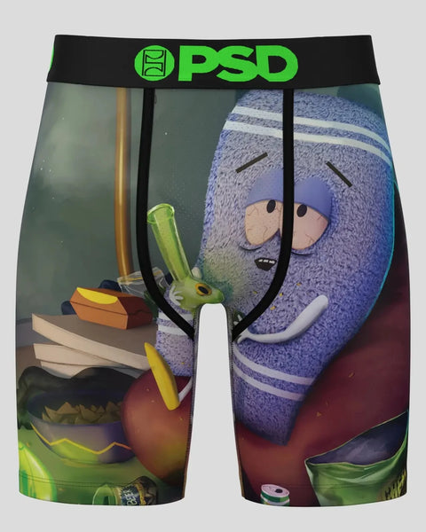 PSD boxer briefs featuring South Park characters with green and purple striped design and black waistband.