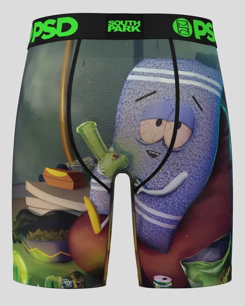 PSD boxer briefs with South Park character graphics and green waistband on black shorts.