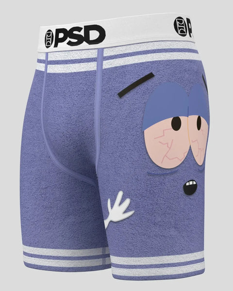 PSD boxer briefs featuring purple fabric with Towelie character face graphic and white waistband.