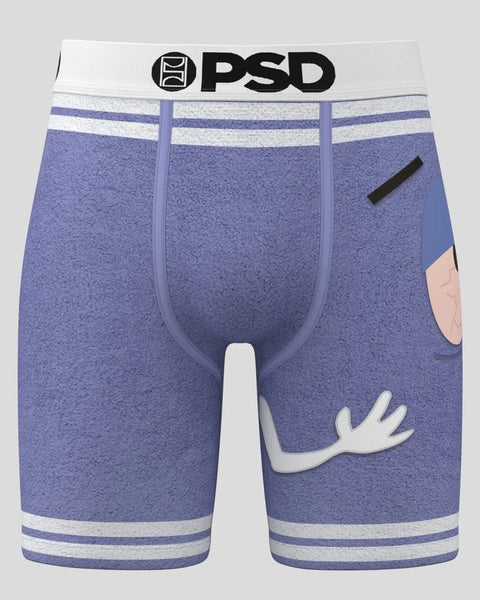 Purple boxer briefs with white striped waistband, PSD logo, and white character graphic on leg.