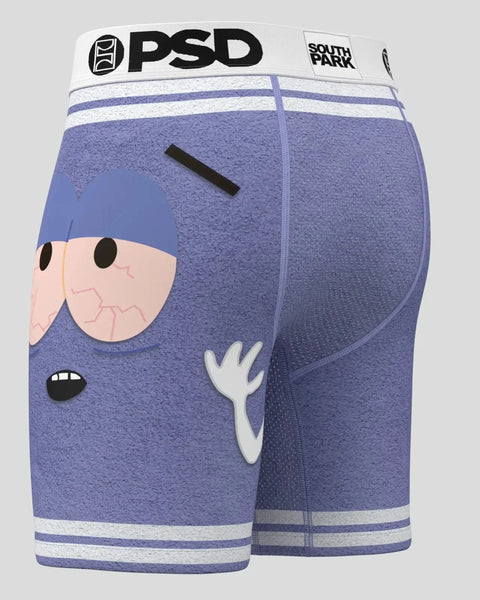 Blue PSD boxer briefs with Towelie character graphic on front and white waistband.
