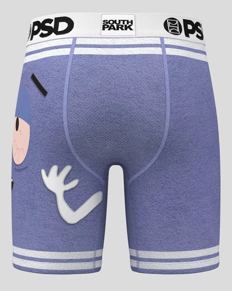 Blue boxer briefs with South Park Towelie character design, white striped waistband, and PSD branding.