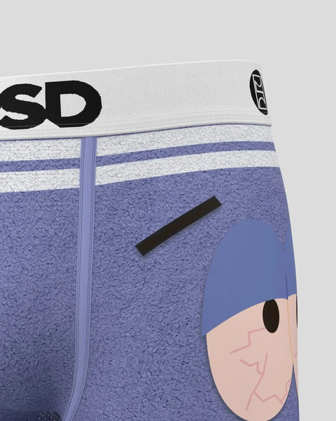 Blue boxer briefs with white stripe detail and character face graphic on front.