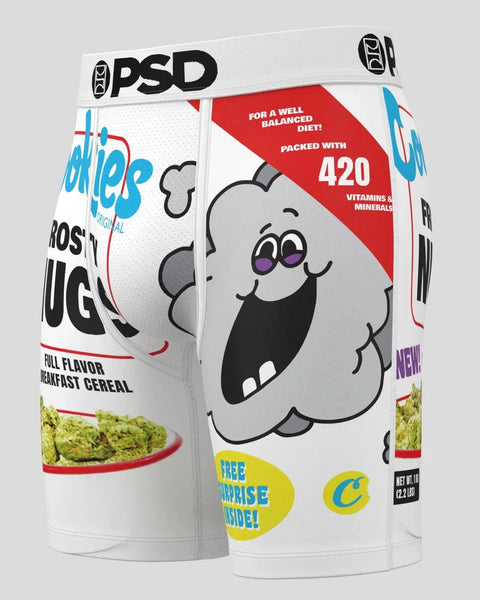 White cereal box with cartoon character design, labeled 