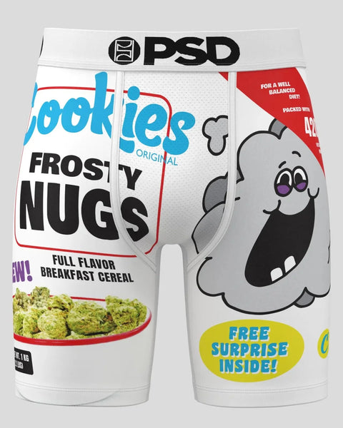 White PSD underwear with Frosty Nugs cookies cereal design, cartoon ghost character, and red and blue text graphics.