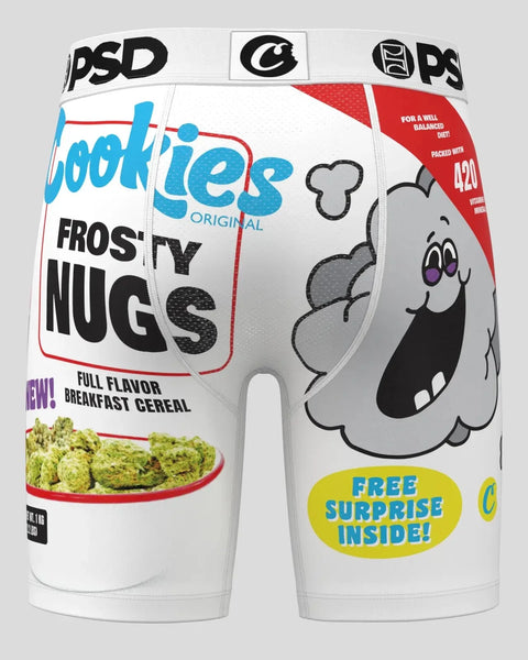 PSD underwear with Cookies Frosty Nugs cereal-themed graphics and cartoon character design.