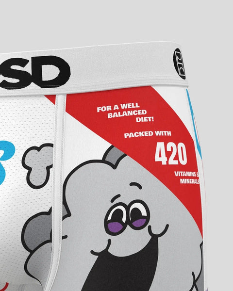 White package with cartoon character, red banner stating 