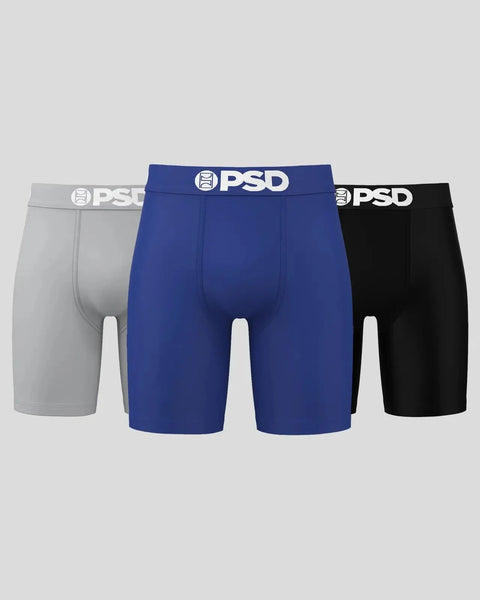 Three PSD boxer briefs in gray, blue, and black with white logo waistbands.