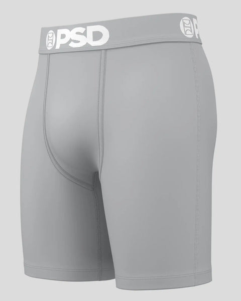Three-pack of gray PSD branded boxer briefs with elastic waistband and center seam detail.