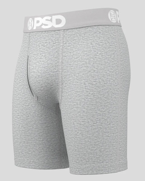 Athletic grey modal shorts with PSD branded waistband and center seam detail.