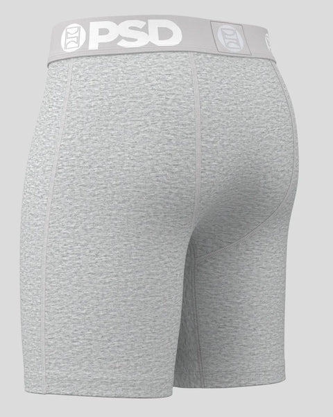 Grey heathered athletic shorts with PSD branded waistband and side seam stitching.