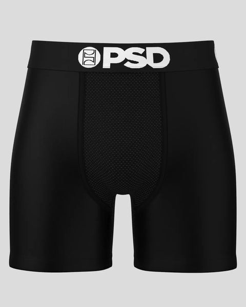 Black boxer briefs with PSD waistband and textured mesh front panel.