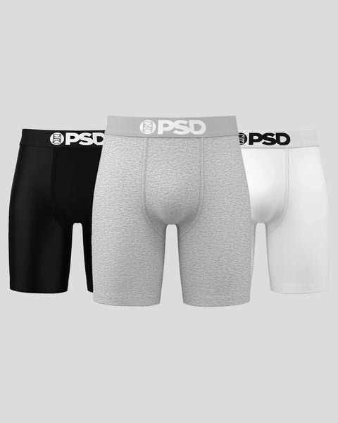 Three boxer briefs in black, gray, and white with PSD waistbands.