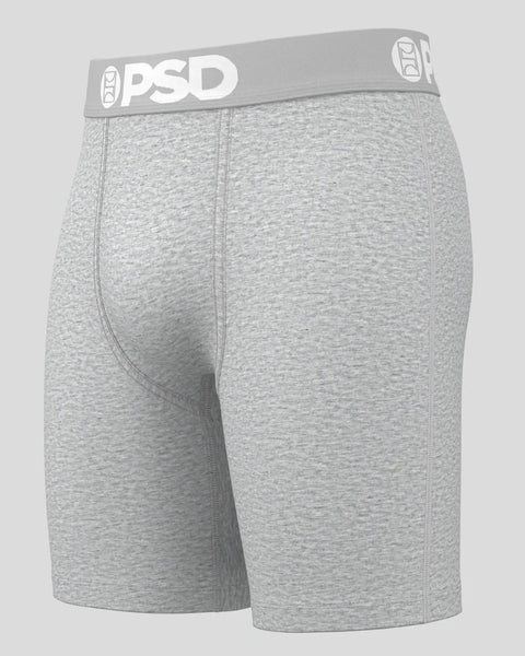 Gray heather underwear shorts with PSD waistband and center seam detail.