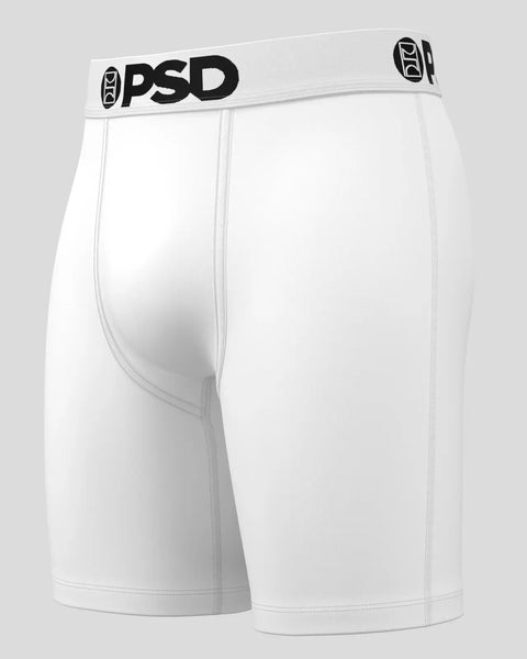 White PSD brand boxer briefs with black waistband logo and center seam detail.