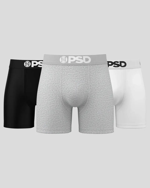Three men's boxer briefs in black, gray, and white with PSD waistbands.