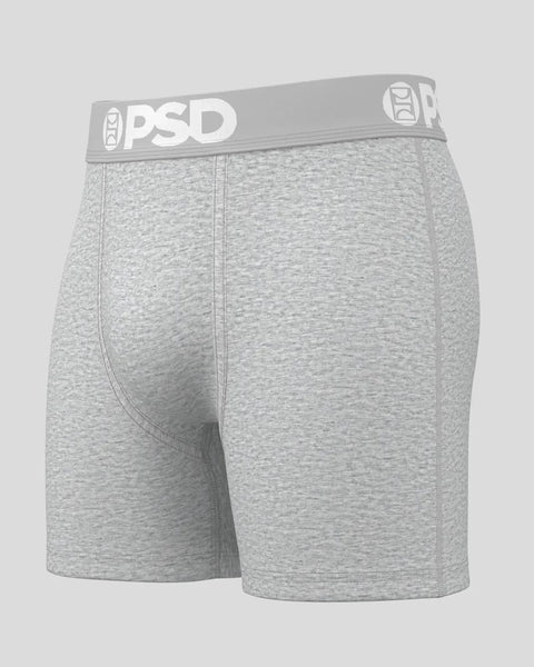Light gray heathered boxer briefs with gray PSD branded waistband and logo.