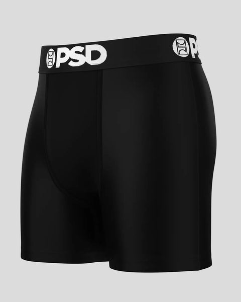 Black boxer briefs with white PSD brand waistband and logo.