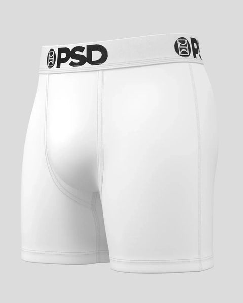White boxer briefs with PSD branded elastic waistband and contrast stitching.
