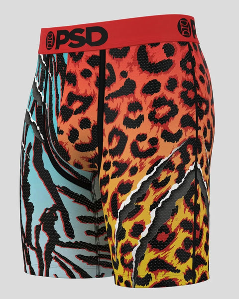 PSD boxer briefs with red leopard print, yellow and orange gradient, blue zebra stripe side panel, and black waistband.