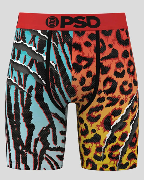 PSD boxer briefs with red waistband, left side cyan and black zebra stripes, right side orange and yellow leopard spots.