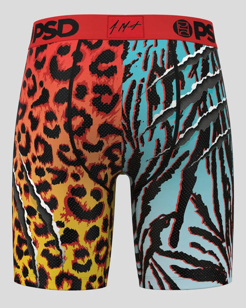 PSD boxer briefs with red leopard print left side, blue and black zebra stripe right side, red waistband with brand logo.