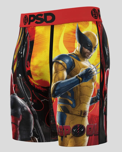 Red PSD boxer briefs with Deadpool and Wolverine characters printed on front and back panels.