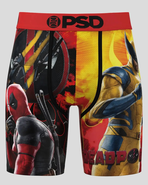 PSD boxer briefs featuring Deadpool in red and black on left side, Wolverine in yellow and blue on right side, with red waist