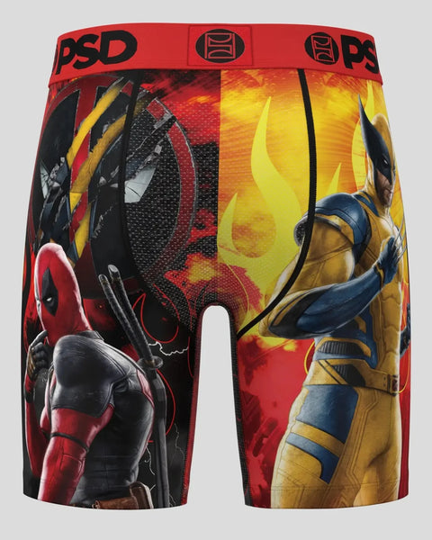 Red PSD boxer briefs with Deadpool on left side and Wolverine on right side against flame background.
