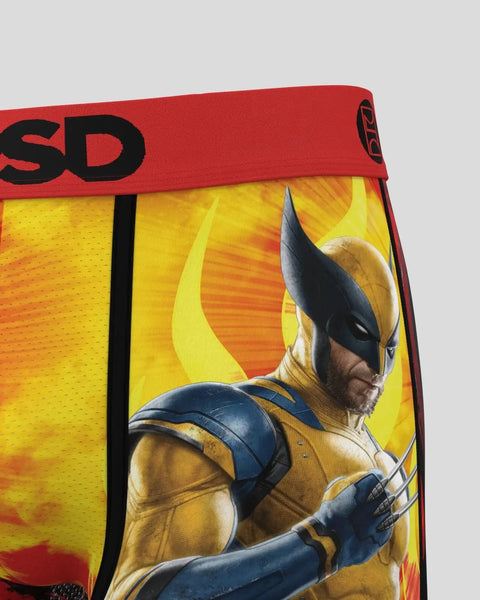 Wolverine character in yellow and blue costume on red waistband with partial text visible against yellow and orange backgroun