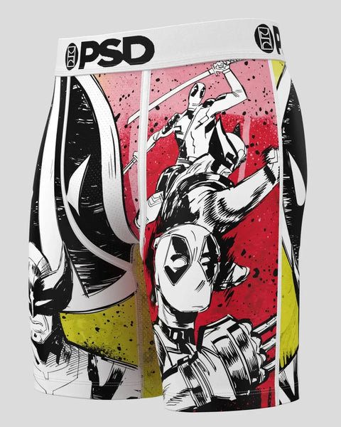 PSD brand boxer briefs featuring Deadpool and Wolverine comic-style artwork in red, black, yellow, and white.