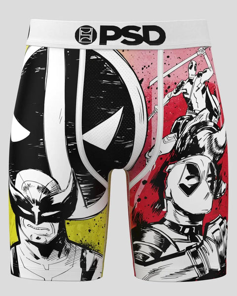 PSD brand boxer shorts with Deadpool and Wolverine comic-style illustrations in black, red, white, and yellow.